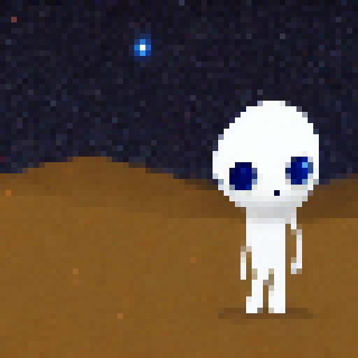 a ghost with big eyes with a camera in his hands ; stars and dust in the background