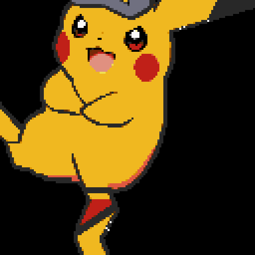 in the style of Pokémon Generation V sprites, featuring Captain Pikachu standing on his tail with arms crossed and a confident smirk. Use classic pixel art techniques with attention to detail, shading, and colors consistent with Gen V aesthetics. The background should be a single solid color taken from the first color in the custom palette, and this color should not be used elsewhere in the image.
