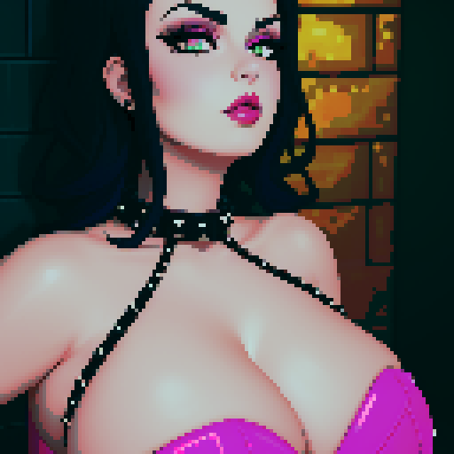 curvy, busty goth babe with studded collar. big titty goth, in a close up glamour shot. Neon lighting,  modern tile backsplash. 