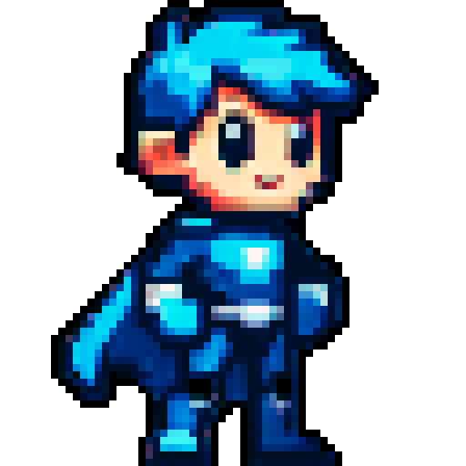 Please create a main character for my 2d platform pixel game.  Please make him look like a superhero.  Please use a color palette of mostly blues.