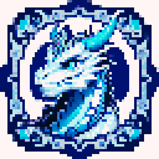 dragon, regal, crown, majestic, blue silver accents, intricate embroidery, game icon, 32x32 pixel art, sRGB, skill art, close up, portrait