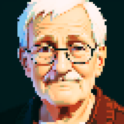 portrait, sprite art, old man, barista, trendy, queer, cozy, cute, soft eyes