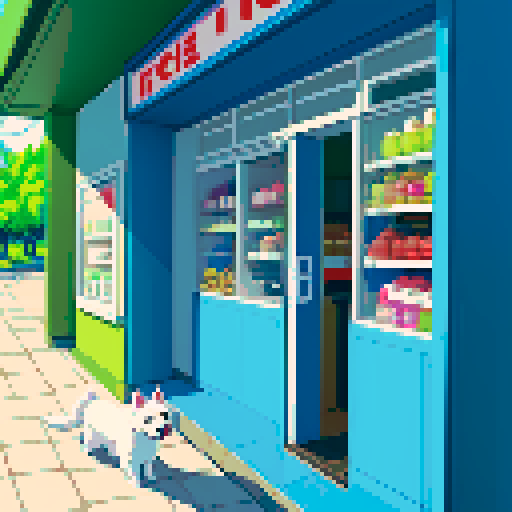 Wide-eyed white dog in a small convenience store