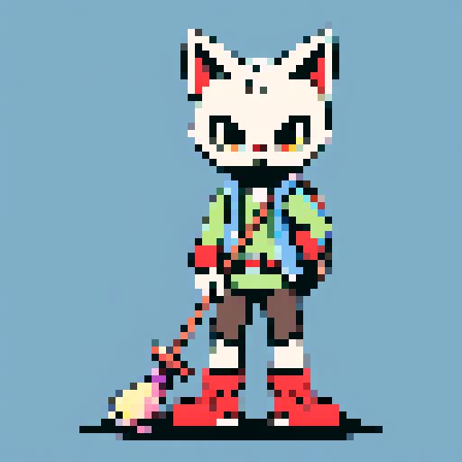 Cat, dog, turtle, standing as a front, holding broomsticks