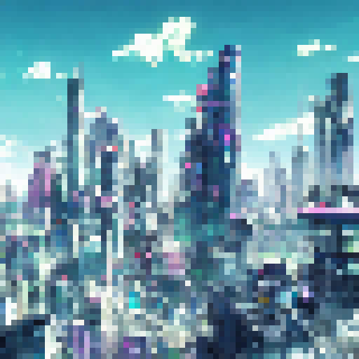 Futuristic cityscape with towering skyscrapers, bustling crowds of neon-haired characters, and giant robots looming in the background, all in an Anime Style.