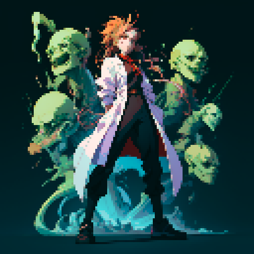 full-body image mad scientist facing left, ready to fight