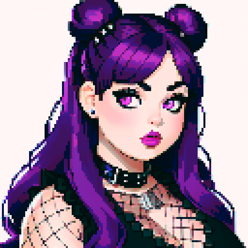 Face Portrait of Thicc, curvy, busty goth babe with studded collar, long purple hair in buns, fishnet stockings, studded halter top,  pixel art, sRGB.