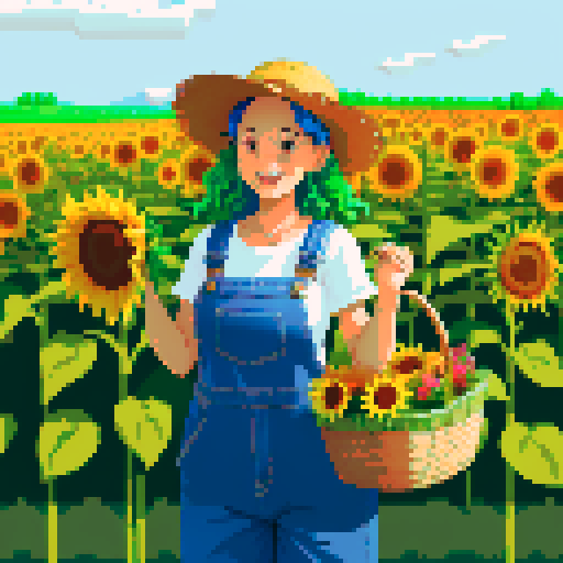 happy, female farmer in pixel art style, surrounded by vibrant green fields, wearing worn-out denim overalls and a straw hat, holding a basket full of freshly harvested carrots and a bouquet of sunflowers, with a content smile on his face, standing next to a rustic wooden cart filled with colorful fruits and vegetables