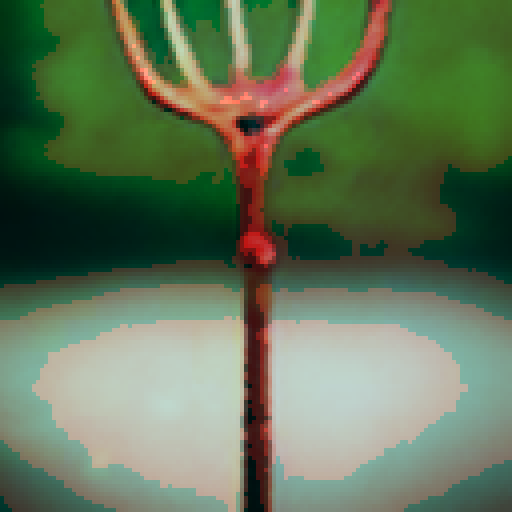 fleshy creature with thorny iron crown, hovering above ground, tuning forks for hands and feet, pixel art, sRGB