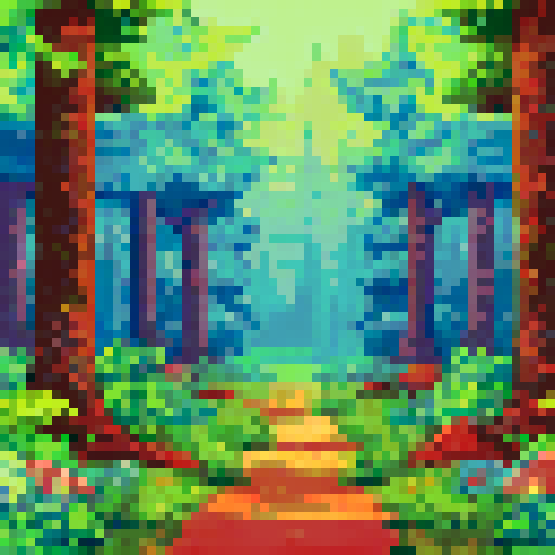Forest background, tall green trees, sunlight beams, small dirt trail, birch trees, oak trees, dogwood trees, rocks, grass, flowers, mushrooms, plant life, sRGB, pixel art, landscape
