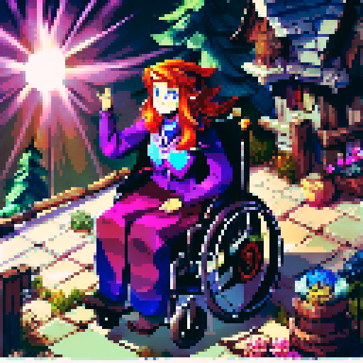 Wheelchair bound, vibrant sunset, rolling hills, serene lake, towering trees, peaceful meadow, majestic mountains