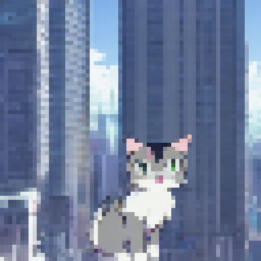 A mischievous, black and white anime cat perches on a rooftop overlooking a bustling cityscape, its tail swishing as it contemplates its next prank.