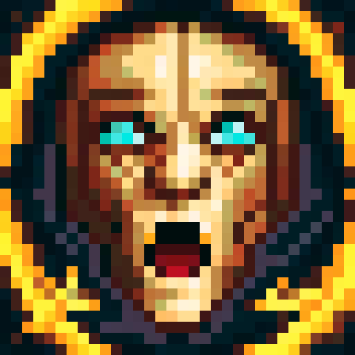 Detailed painting, Minos, judge of the damned, entrance to Second Circle of Hell, imposing, regal figure, stern, snarling expression, deep-set, piercing eyes glowing with cold judgment, severe face, sharp, predatory teeth visible through snarl, long, wild hair streaked with gray, muscular upper body, sinewy arms, large, claw-like hands with sharp nails, humanoid legs, game icon, 32x32 pixel art, sRGB, skill art, close up, portrait