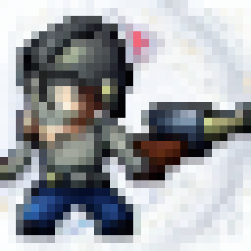 Pixelated gangster character grips his gun tightly in a close-up, 16x16 game icon-style portrait with bold colors and sharp edges.