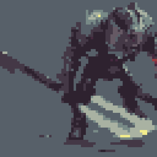 dark souls-like knight, brown-haired, no helmet, wielding a sword and shield, shield embossed with a golden "V", pixel art, sRGB