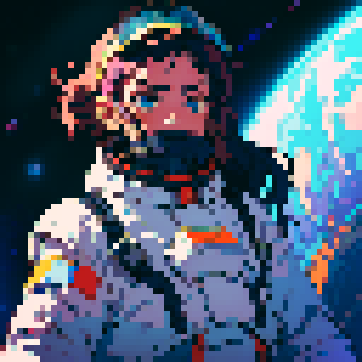 androgynous astronaut, vibrant spacesuit, floating gracefully, starry backdrop, nebula hues, pixelated stars, determined gaze, reflective clear visor, visible face, cosmic energy, self-discovery in space, sRGB, pixel art