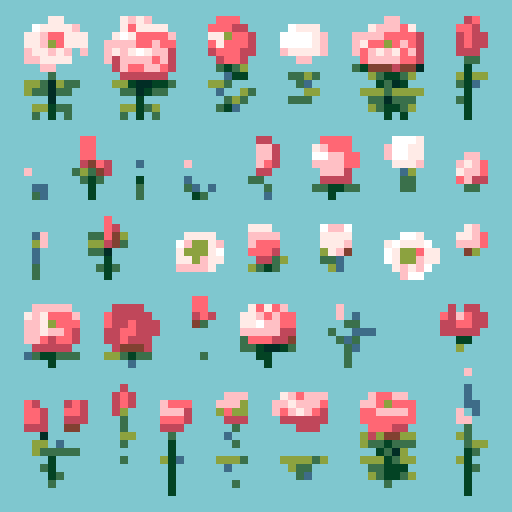 12 different cottage flower sprites on white background roses peonies snapdragons lavender cats tails billy buttons  
