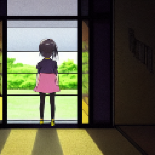 japanese Girl Stand at the second of house, near the window and she sad, with the yellow sky