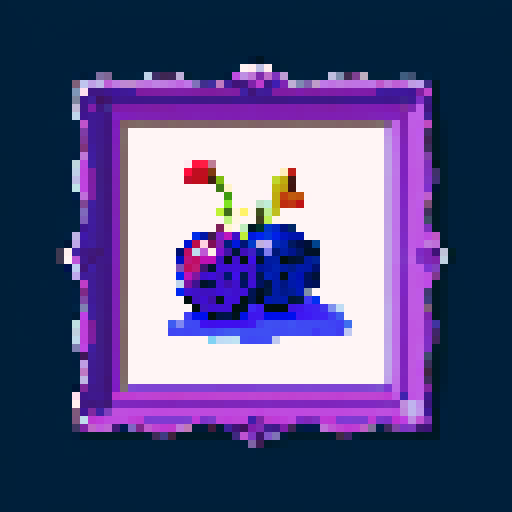 blueberry-made art frame, purple, pixelated fruits in vibrant colors, void inside, dark background, sRGB