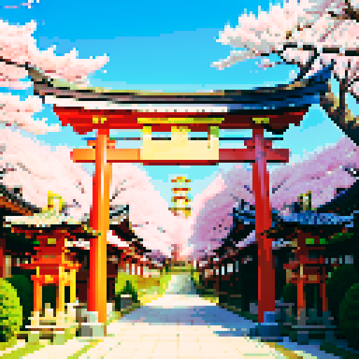 Golden shinto shrine, vibrant cherry blossom trees, traditional architecture with intricate details, shinto torii gate adorned with golden decorations, a pixel art golden cuboid positioned behind the gate, golden lanterns illuminating the scene in sRGB colors