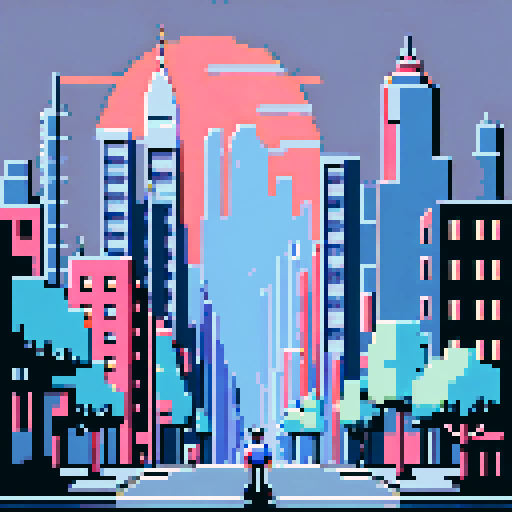 Cityscape, towering skyscrapers, bustling streets, retro video game vibes, blocky pixelated buildings, grey palette, 8-bit art style,ARNE32 palette