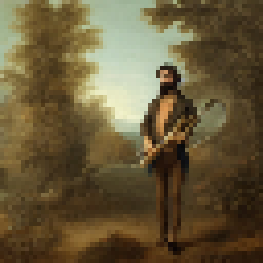 A dude with brown scruffy hair and a scruffy beard using a hunting horn