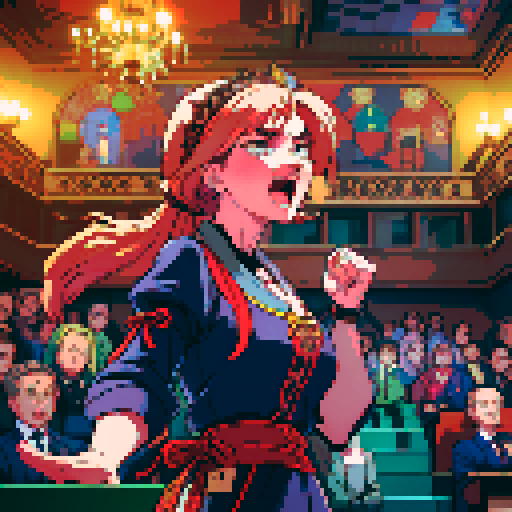 delegates passionately arguing inside of German Federal Parliament, vibrant colors, pixelated details, iconic architecture, retro video game aesthetic, animated pixel art, meticulously crafted characters, intricate pixel patterns, dynamic lighting, immersive atmosphere, high-energy debate, expressive facial expressions, animated gestures, traditional German clothing, historical significance