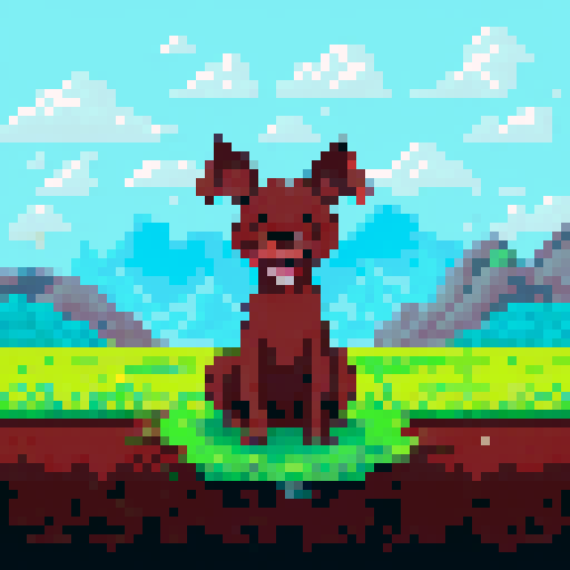 Brown, furry pup with floppy ears, tongue lolling out, chomping on a pile of steaming, putrid feces, amidst a vibrant, green meadow with rolling hills and a clear, blue sky in the background, all rendered in pixel art