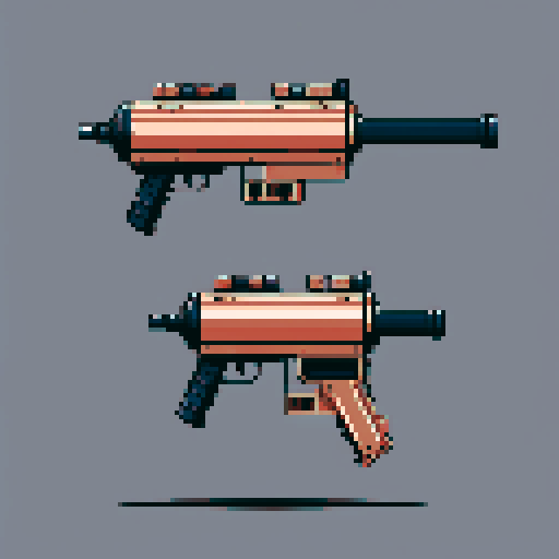 I want a copper rotary machine gun without a stand viewed from from the side. I want this object usable an asset in a videogame, meaning only one object per image, outlined with a strong black stroke, on a solid-color background.