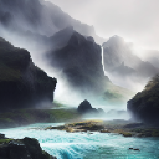 Dragon and knight clash in epic battle amidst rushing waterfall, misty mountain backdrop, captured in stunning landscape portrait.