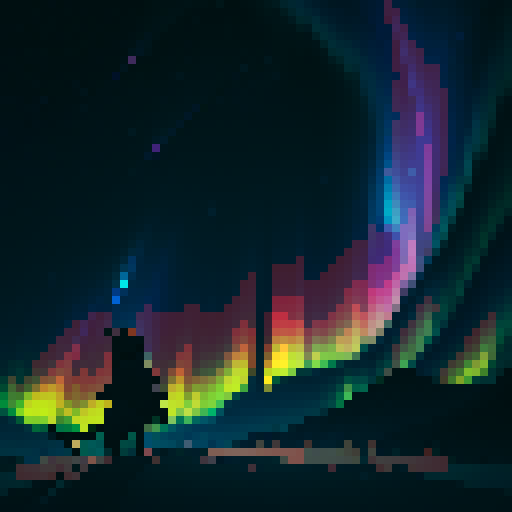 hyperrealistic silhouette of a black cat, galaxies and stars covering the night sky, aurora borealis, pixel art, sRGB