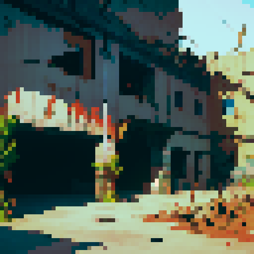 worn and weathered, industrial excavation building, rusty metal beams, cracked concrete walls, broken windows, pixel art