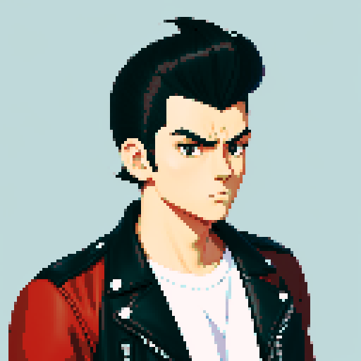 Slightly anime style Tough Greaser wearing motorcycle jacket with pompadour hairstyle, portrait, face avatar, sRGB colors.
