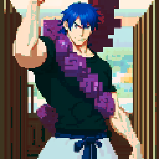 Anime Male, Dashing Right, vibrant colors, intricate details, bold lines, smooth shading, singular pixel art portrait, sRGB, top quality, Masterpiece, pixel art, Weapon in hand, Monster Attached to body