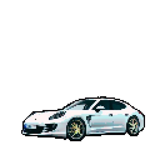 Photorealistic whole Porshe Panamera, centered, three-quarter view, right front wheel, clean background, sRGB colors, pixel art style
