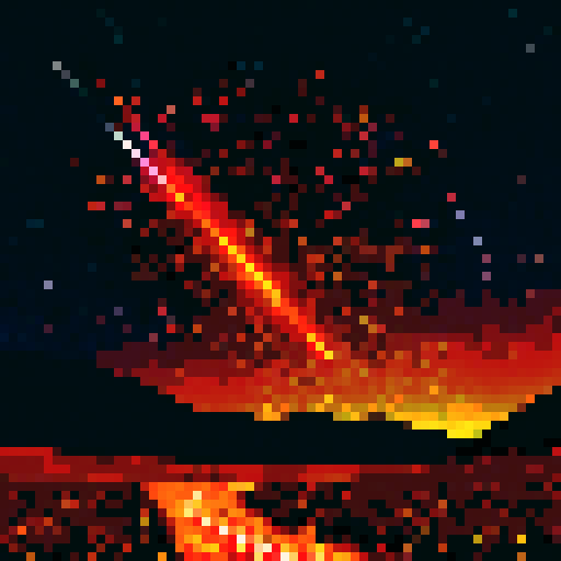 Meteor, streaking through the night sky, fiery trail fading into the darkness, vibrant shades of orange and red, pixelated explosion illuminating the landscape with bursts of sRGB colors