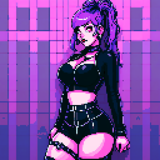 Portrait of Thicc, curvy, busty goth babe with studded collar, long purple hair in buns, fishnet stockings, studded halter top, posing sexy against a modern tile backsplash, neon lighting. pixel art, sRGB.