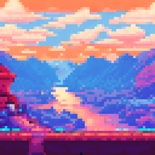 deez, vibrant colors, low resolution, pixelated buildings, scenic background, mountain range, lush forest, blue sky, peaceful lake, sunset glow