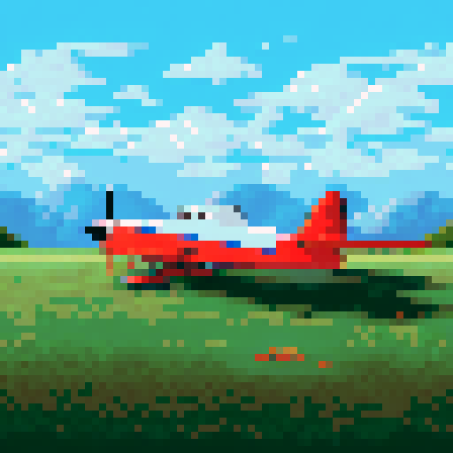 Smoking wreckage of a small plane, broken wings jutting out of the snow-covered tundra, with a serene mountainous landscape in the background, all depicted in pixel art with a cool sRGB color palette