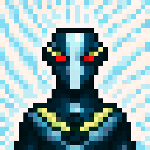 cyborg with evil weapon, game icon, 32x32 pixel art, sRGB, skill art, close up, portrait