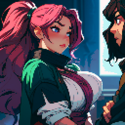 A seductive, curvaceous woman with flowing hair, skillfully pleasuring a throbbing member, in a pixelated, sRGB art style