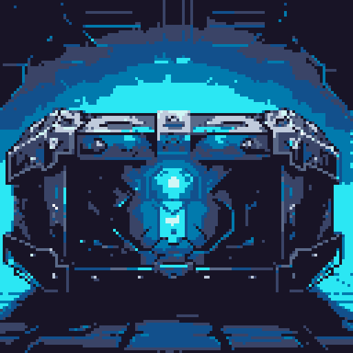 mystery box, stone, metall, shiny, pixel art, sRGB, vibrant colors, glowing lights, intricate patterns
