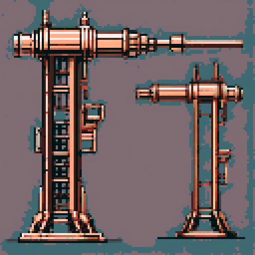 I want a tall vertical copper structure reminiscent of a minigun's barrel. It should have strange mechanical details that could interlock with each other. I also want this object usable an asset in a videogame, meaning only one object per image, outlined with a strong black stroke, on a solid-color background.