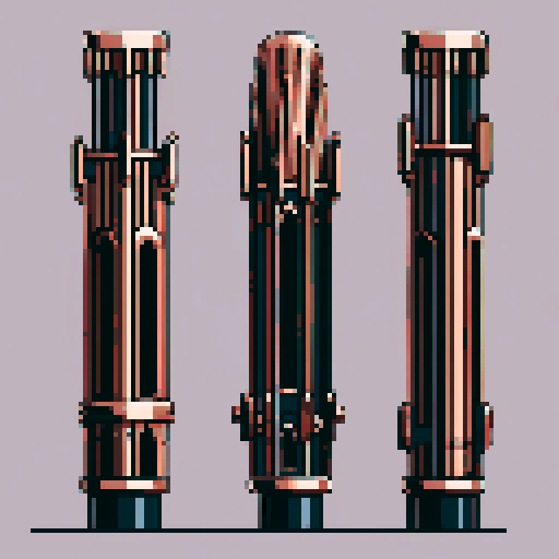 I want a tall vertical copper structure reminiscent of a organ pipe. It should have strange mechanical details that could interlock with each other. I also want this object usable an asset in a videogame, meaning only one object per image, outlined with a strong black stroke, on a solid-color background.