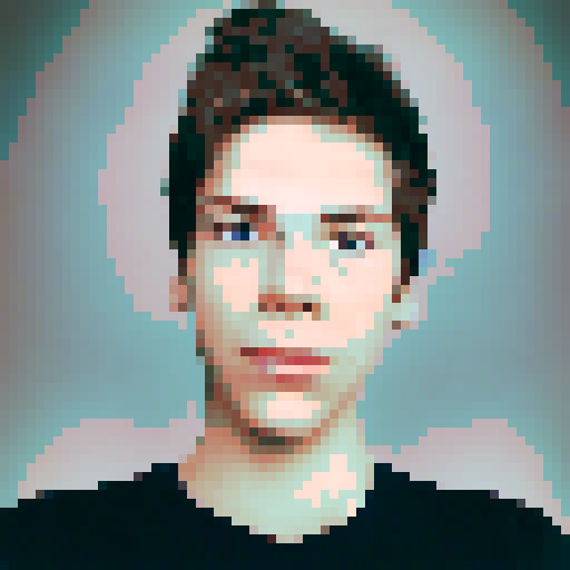 Pixel art portrait profile picture, cartoony, retro, blue eyes