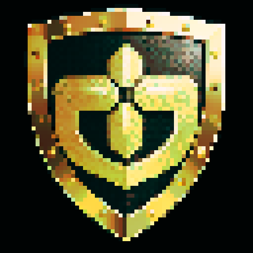 pixel art shield, two engrailed top, elaborate metallic gold edge, solid wooden field, solid black background, sRGB style