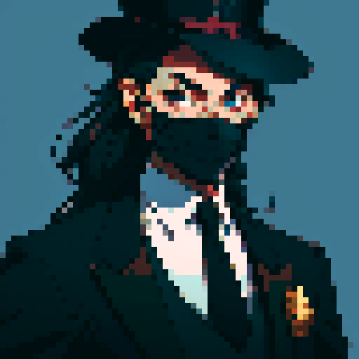 guy, black formal suit, tie, top hat, smile mask, gold details, Magic The Gathering style, sRGB, pixel art