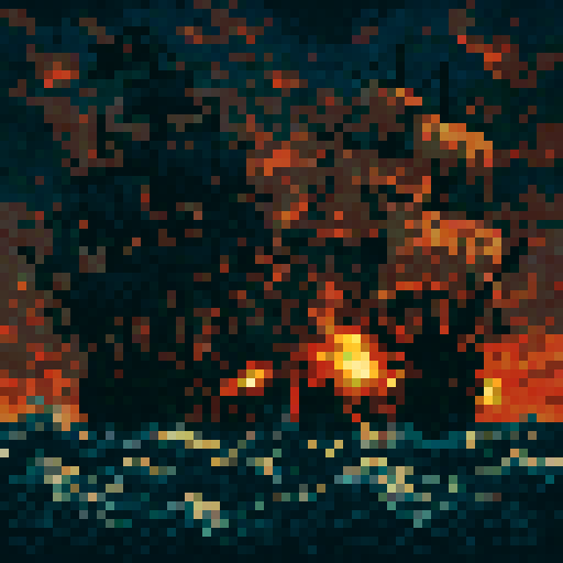 Naval pirate ship battle, fierce ocean waves, billowing sails, cannon fire, dramatic sky, pixel art, sRGB