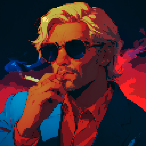 man smoking, retro 8-bit pixel art, vibrant colors, thick black outlines, detailed facial expression, swirling smoke, wisps of gray, glowing cigarette tip, puffs of smoke forming shapes, stylized background, neon lights