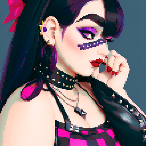 
curvy, cute goth woman's face, black hair, purple eyeshadow, red lipstick, studded leather straps, bikini, face portrait, beauty photo, vibrant sRGB colors.